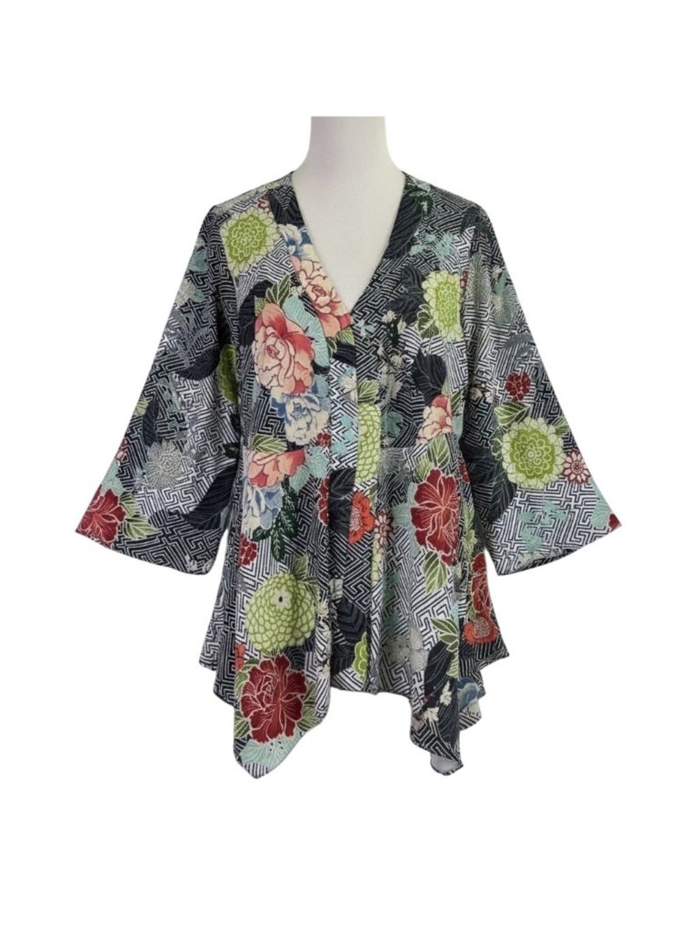 Sunny Taylor Womens Black/Multicolor Floral Kimono Top Asymmetric Hem Sz 1X